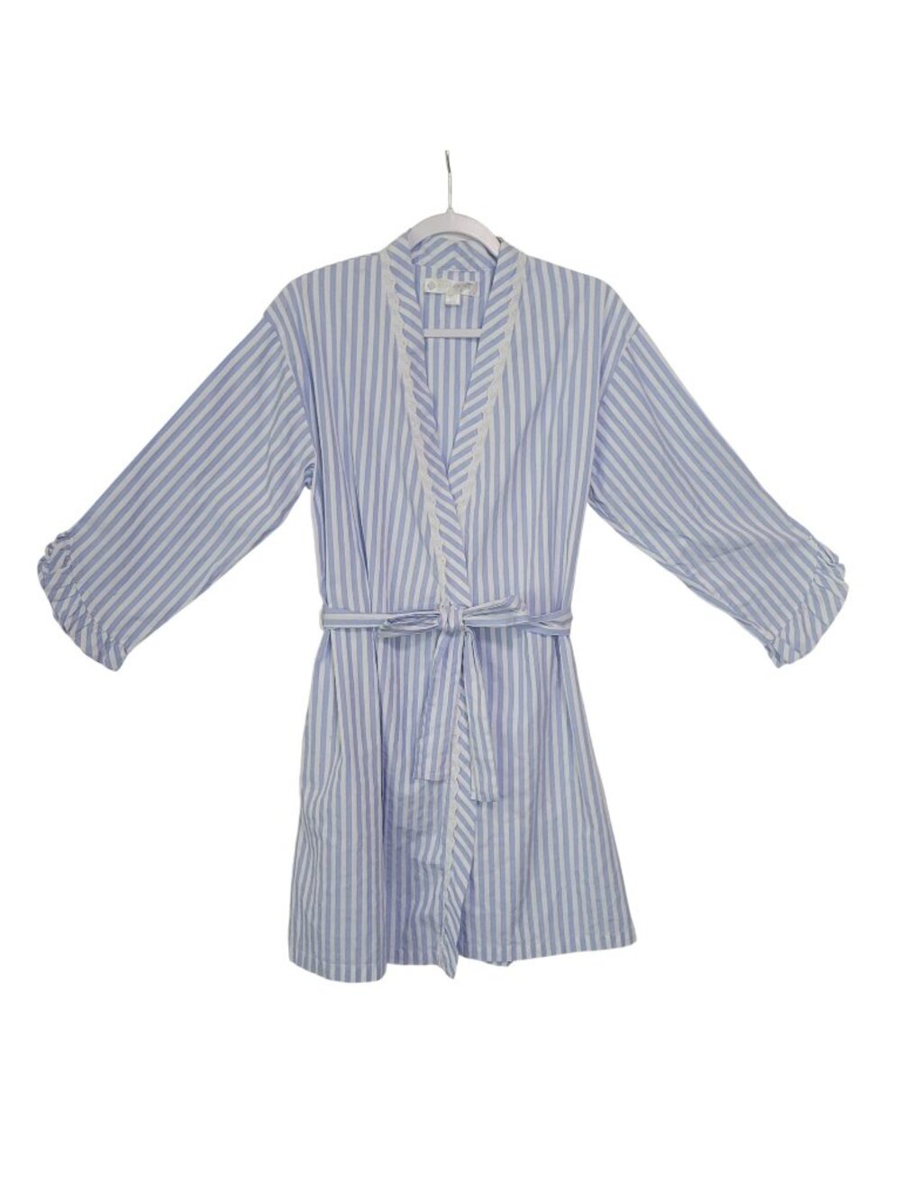 Eileen West Blue White Wide Seersucker Stripe Robe Lace & Ruffle Trim Size S